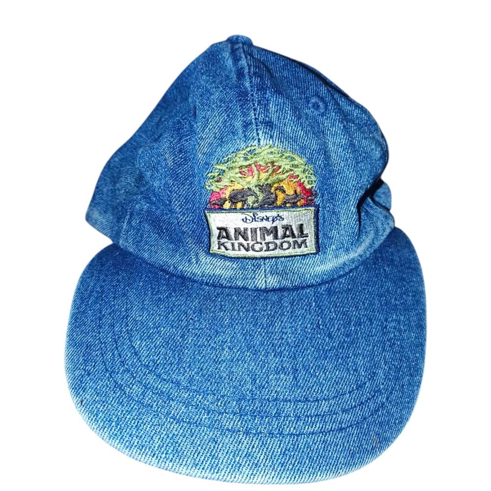 Vintage Disney Animal Kingdom Blue Denim Style Hat w/ Adjustable Strap Closure